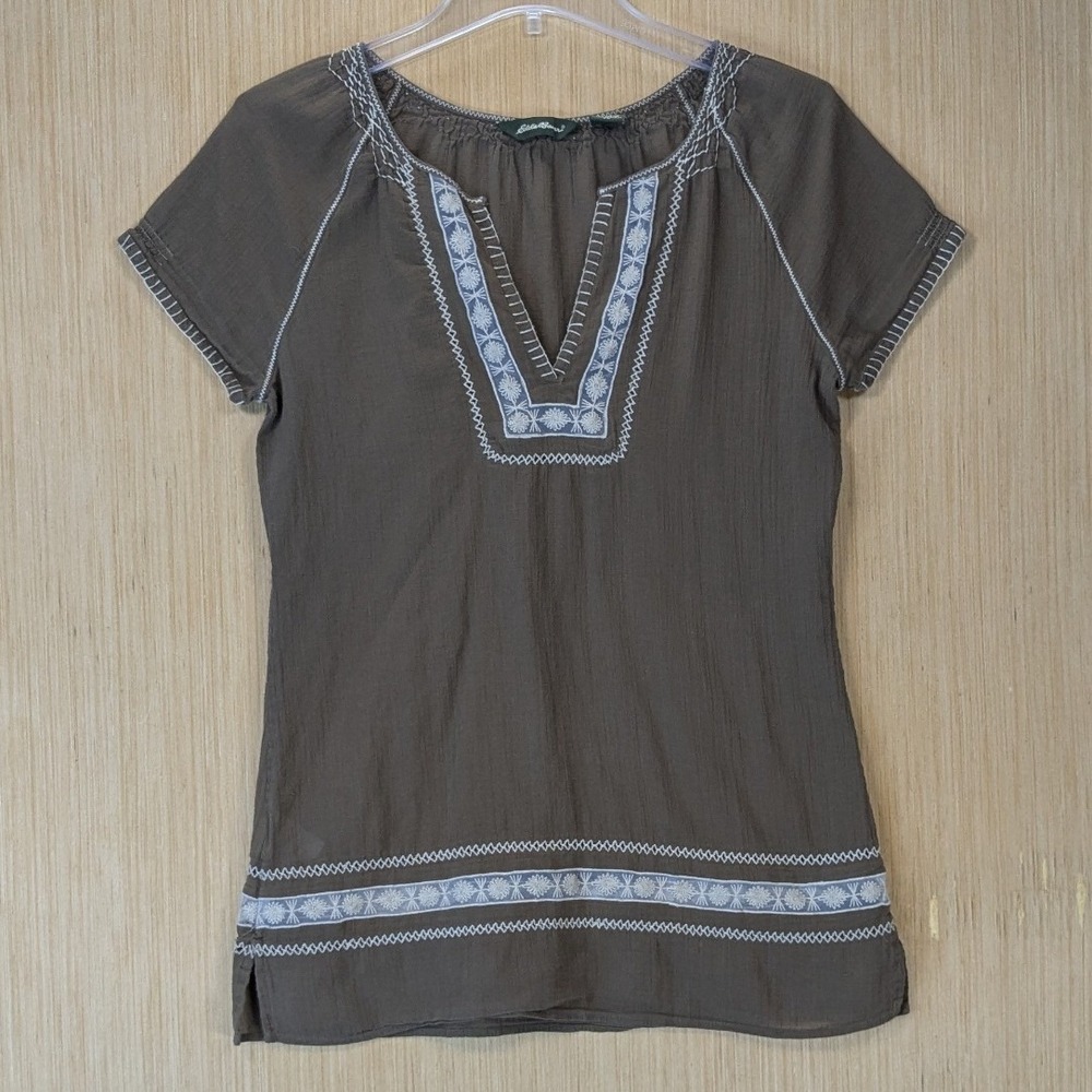 Eddie Bauer Boho Indie Granola Embroidered Peasant Top Size XS Brown Cotton